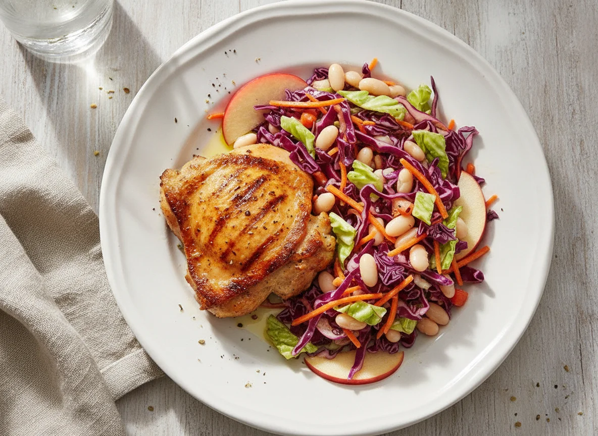 Pollo asado con ensalada de repollo y porotos photo