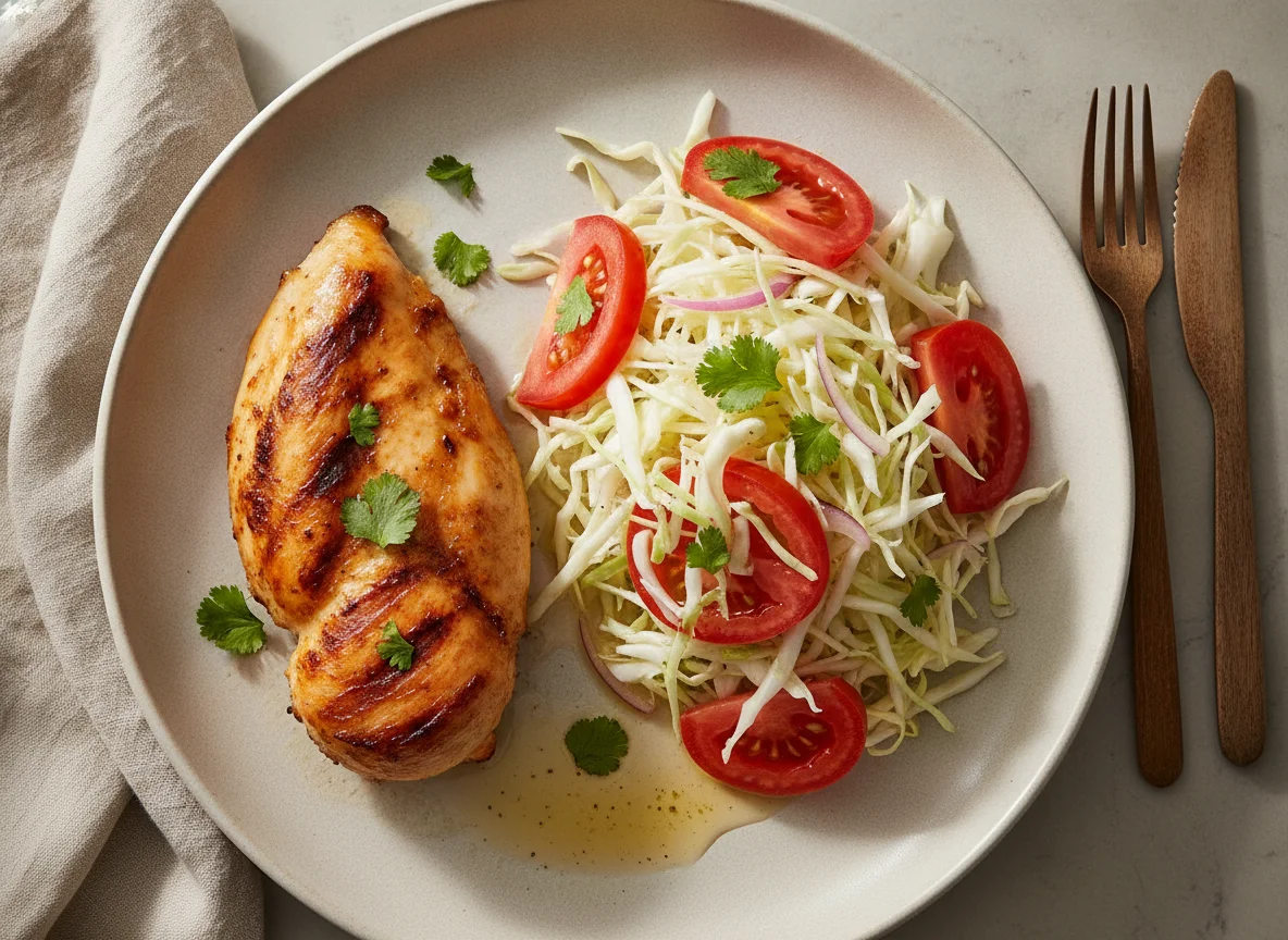 Pollo asado con ensalada de repollo y tomate photo