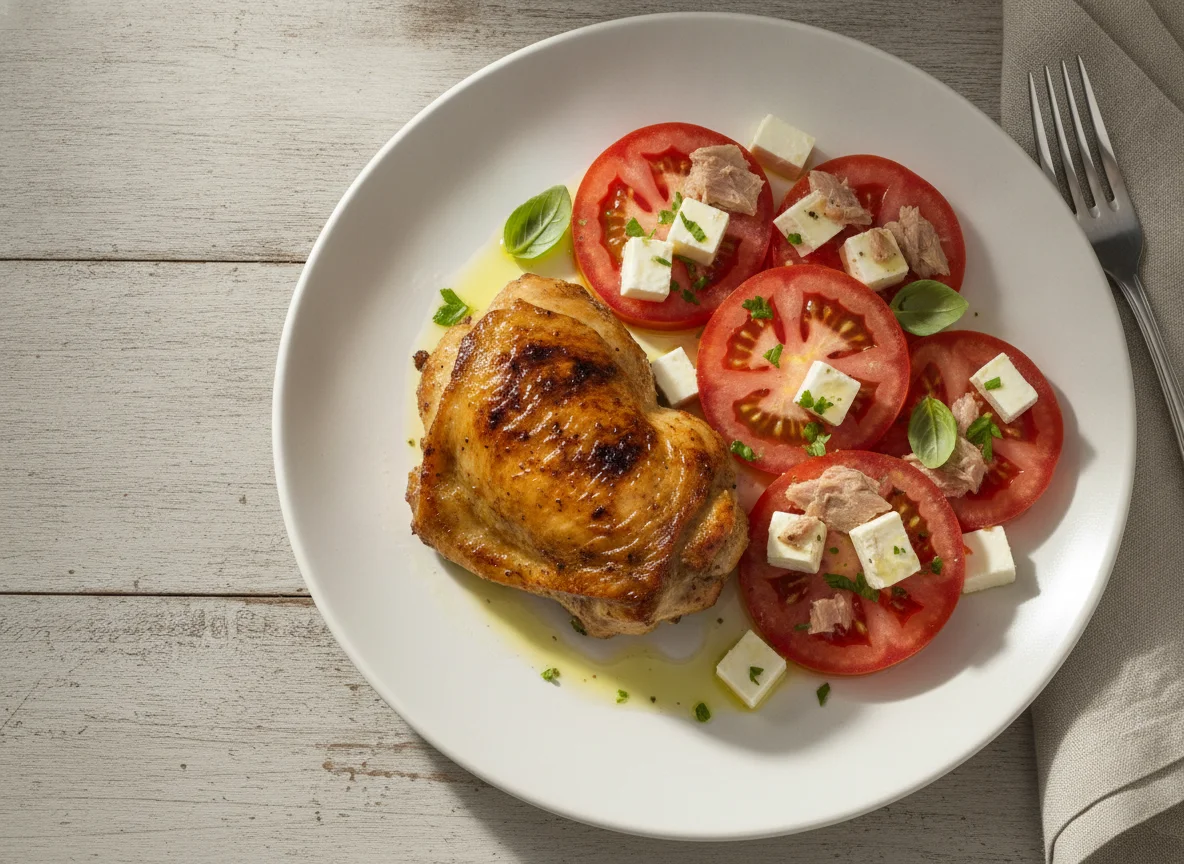 Pollo asado con ensalada de tomate y queso photo