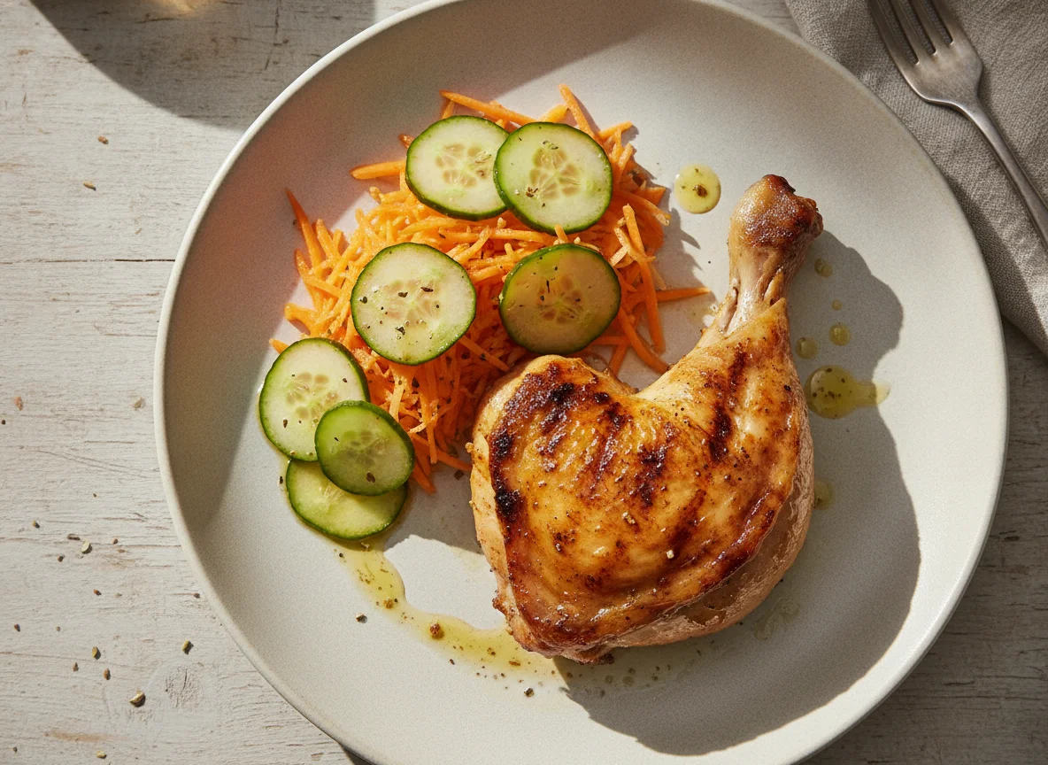 Pollo asado con ensalada de zanahoria y pepino photo