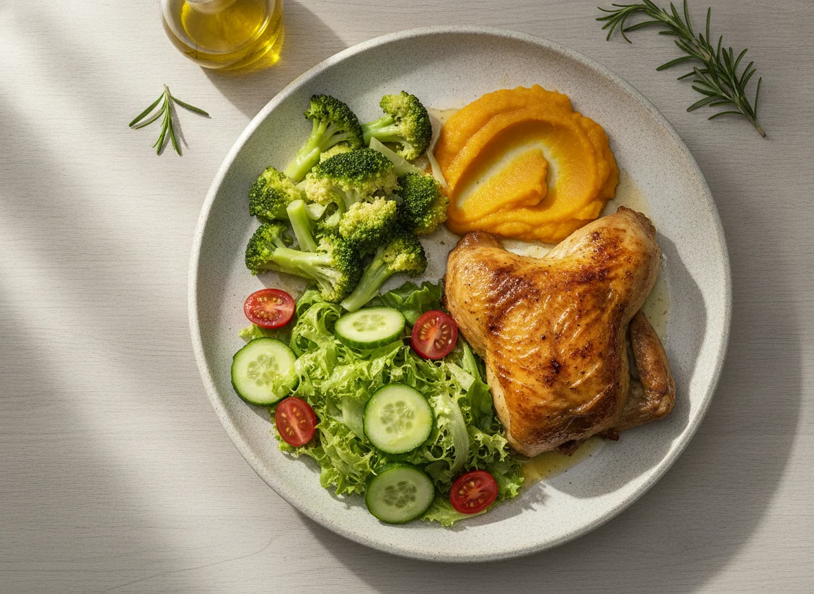 Pollo asado con ensalada mixta, brócoli y puré de calabaza photo