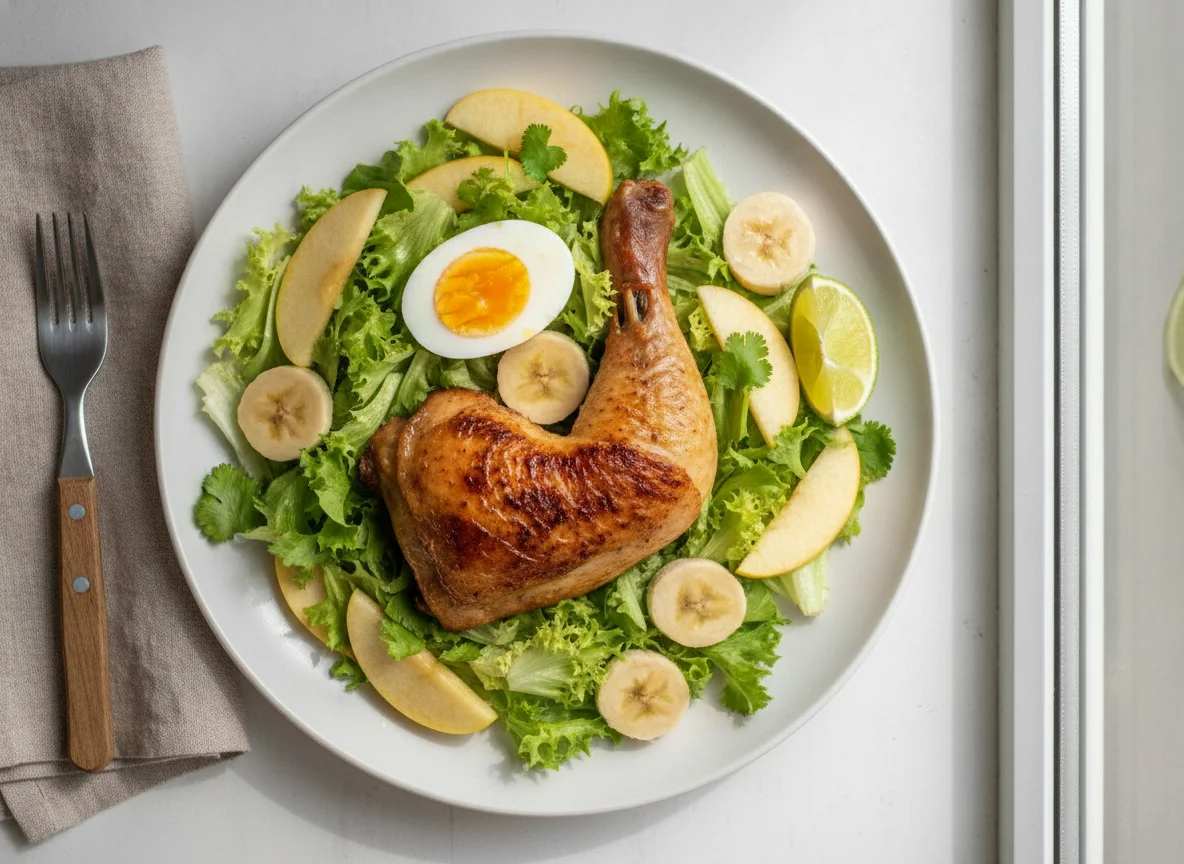 Pollo asado con ensalada mixta y fruta photo