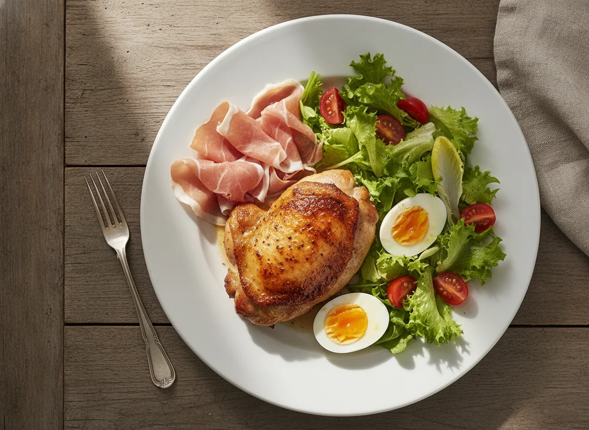 Pollo asado con ensalada mixta y jamón photo