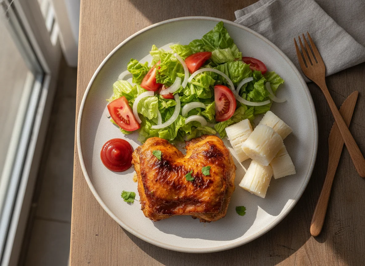 Pollo asado con ensalada mixta y mandioca photo