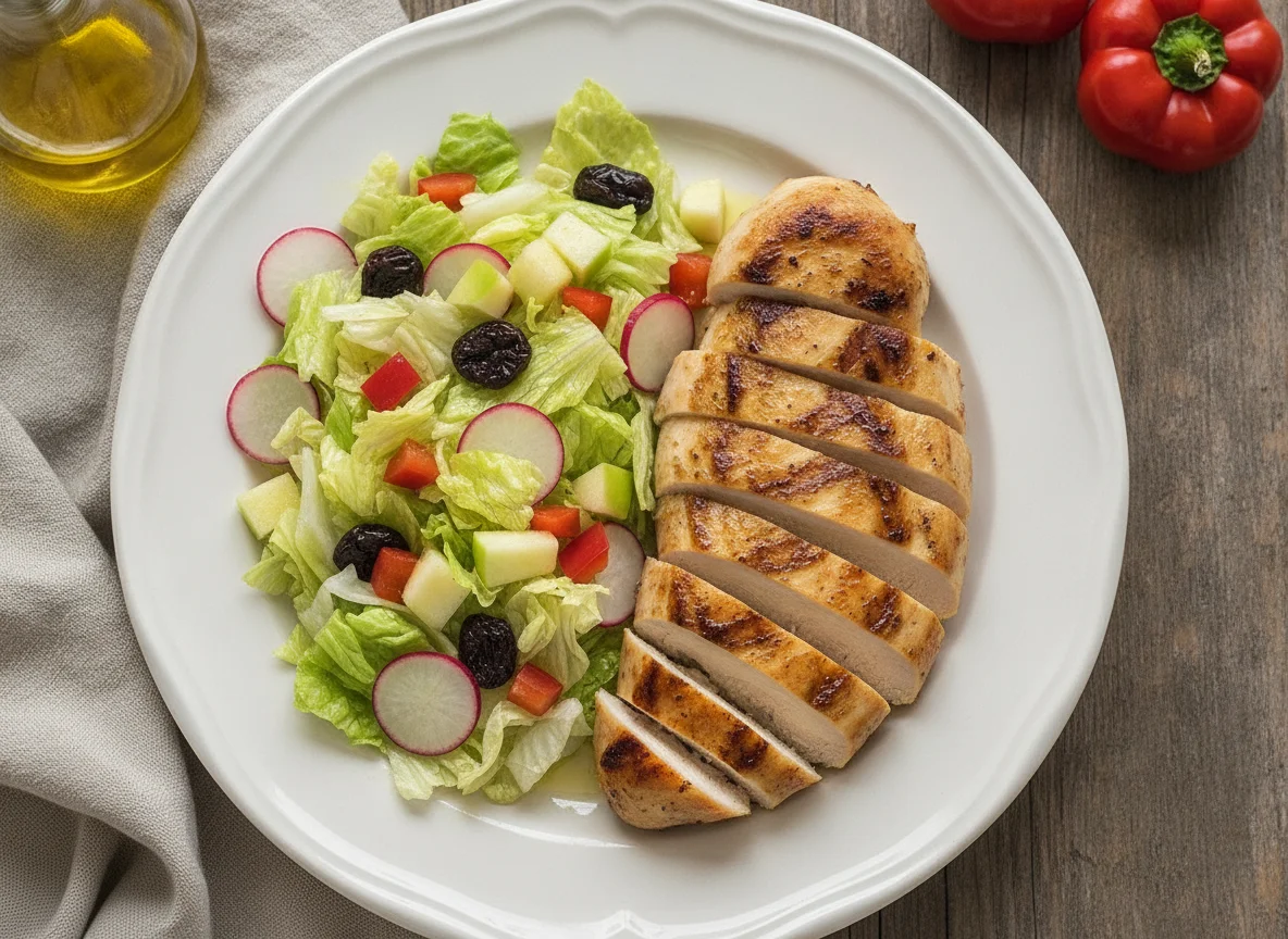 Pollo asado con ensalada mixta y pimientos photo