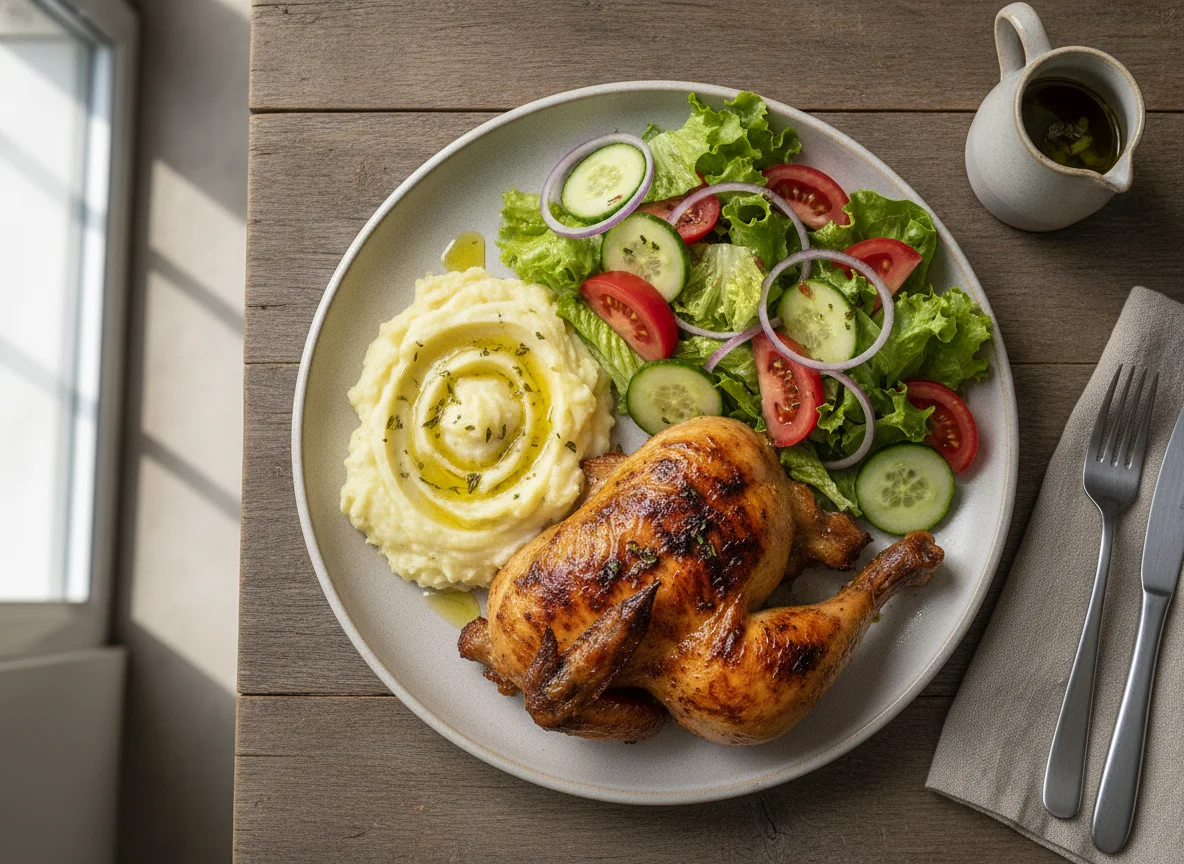 Pollo asado con ensalada mixta y puré photo