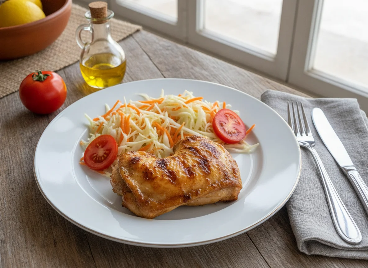 Pollo asado con ensalada mixta y tomate photo