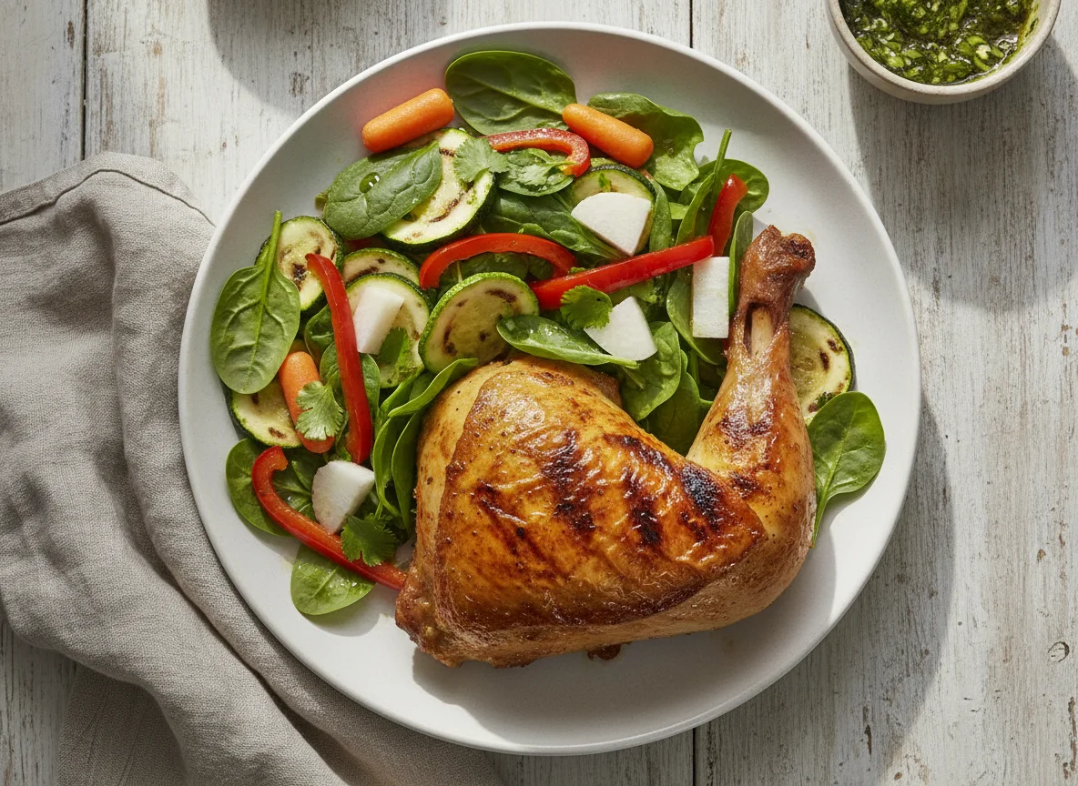 Pollo asado con ensalada mixta y verduras rostizadas photo
