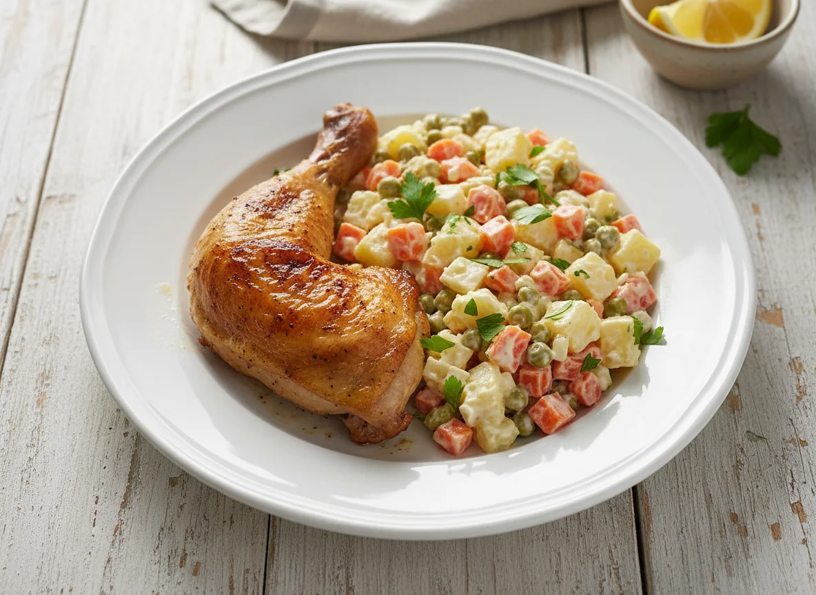 Pollo asado con ensalada rusa photo