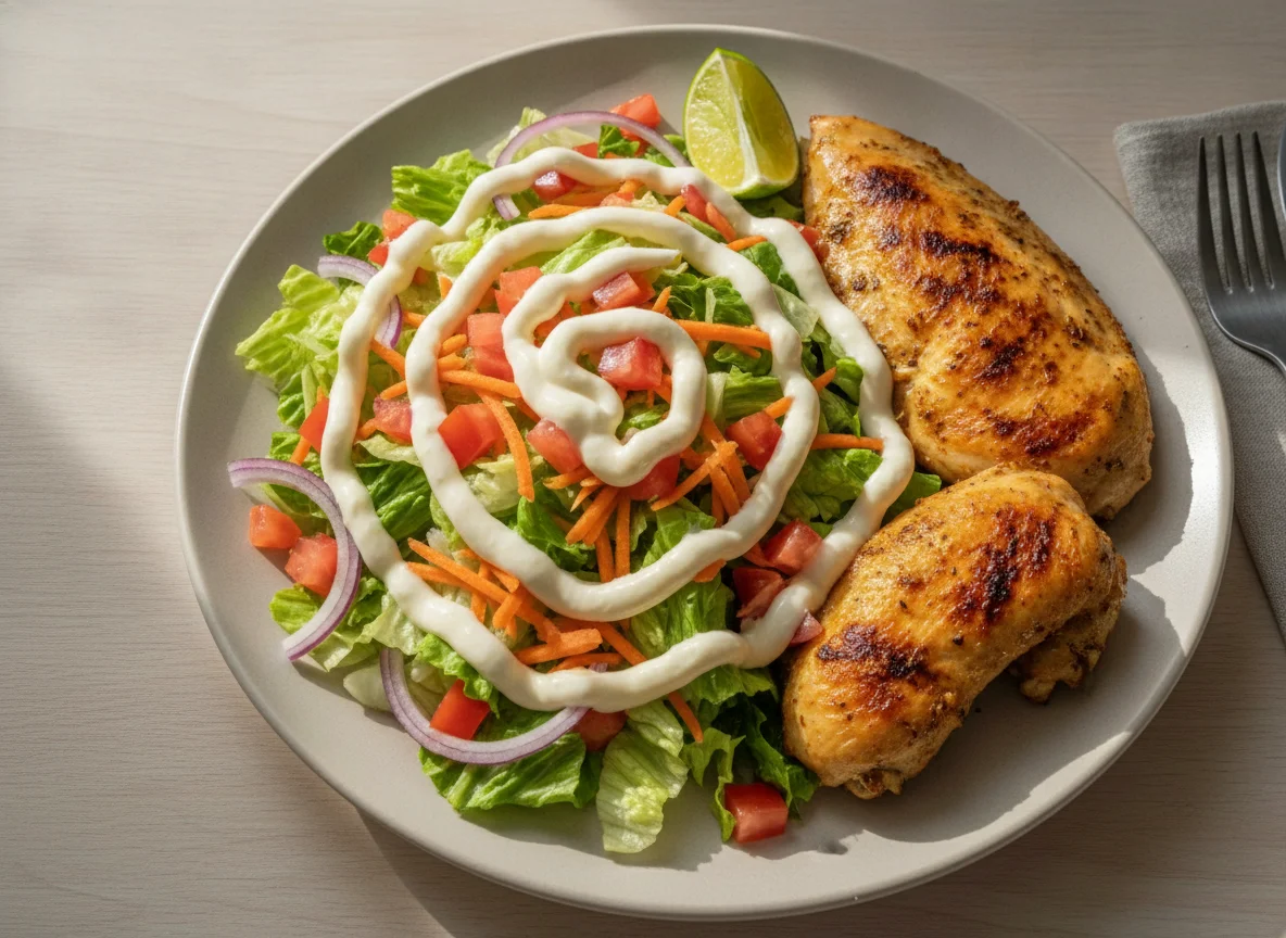 Pollo asado con ensalada y aderezo photo