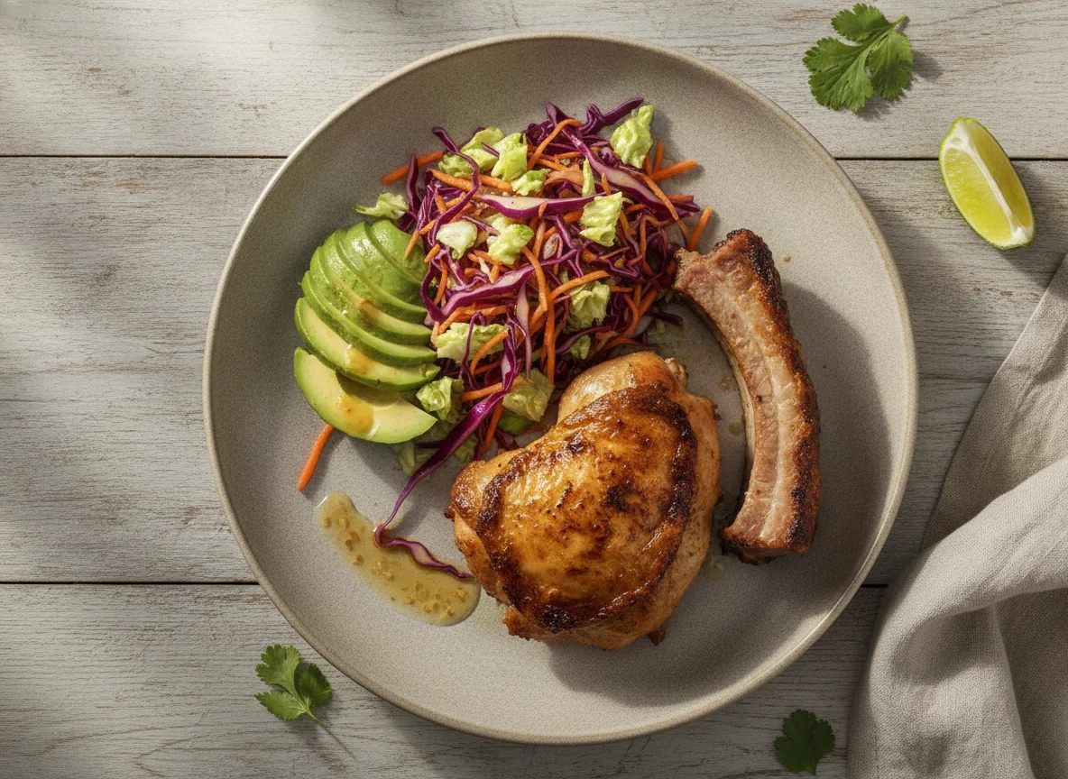 Pollo asado con ensalada y aguacate photo