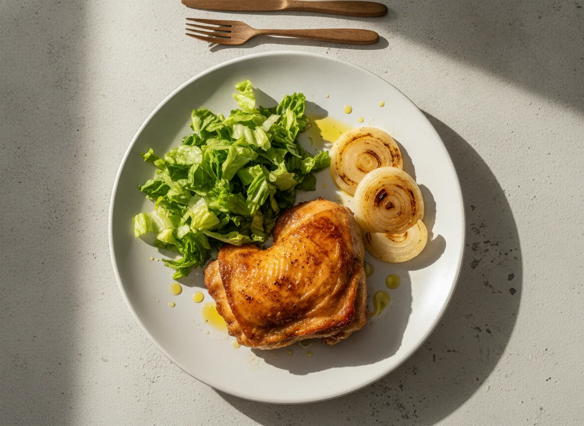 Pollo asado con ensalada y cebolla photo