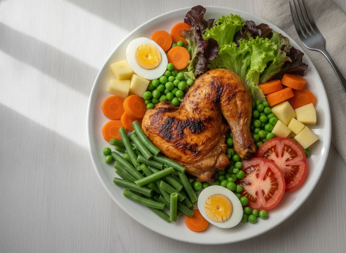 Pollo asado con ensalada y ejotes photo