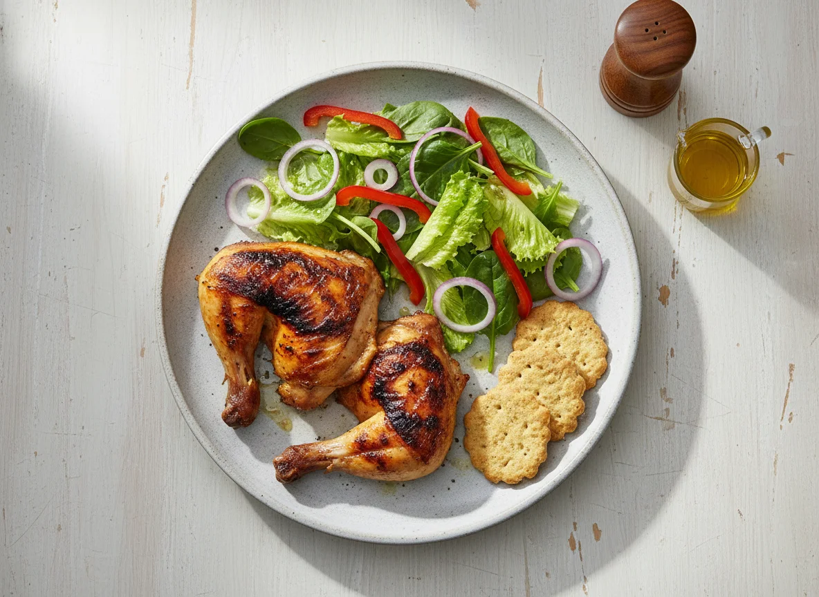Pollo asado con ensalada y galletas photo