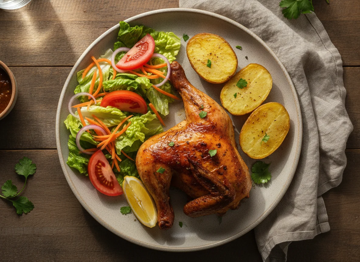 Pollo asado con ensalada y guarnición photo