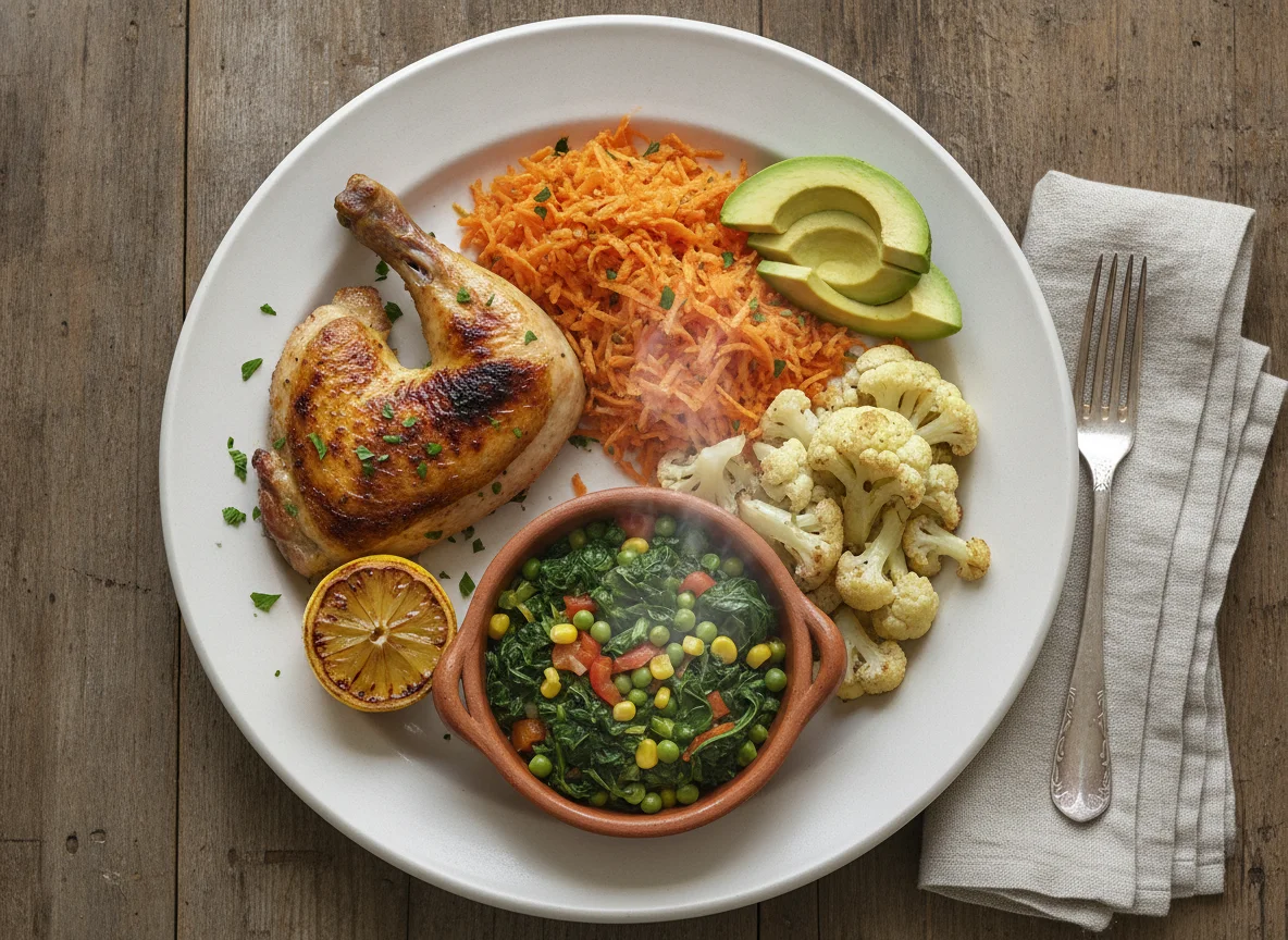 Pollo asado con ensalada y guiso de vegetales photo