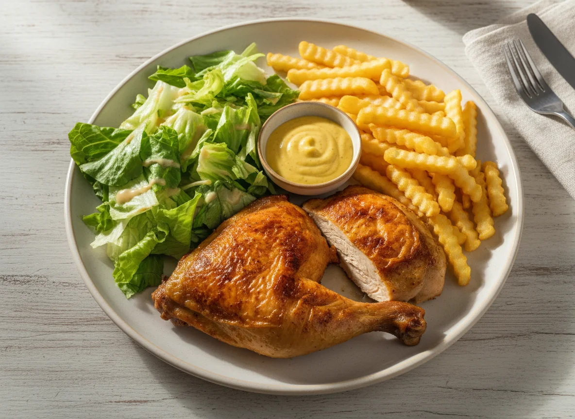 Pollo asado con ensalada y papas photo