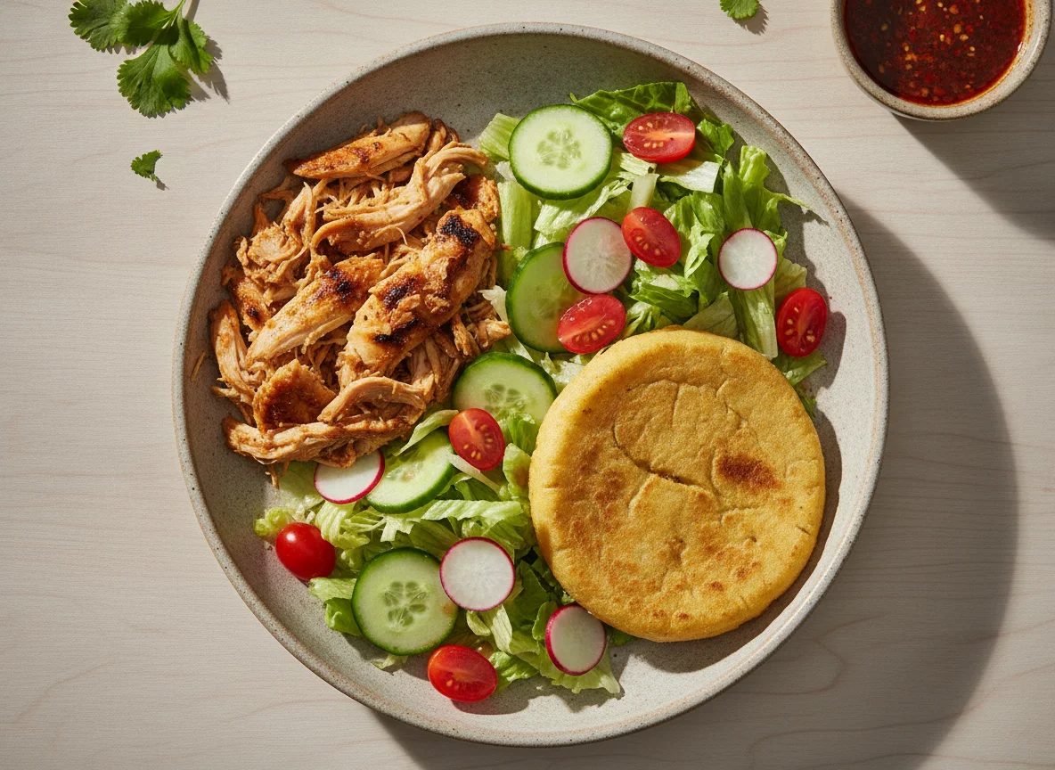 Pollo asado con ensalada y pupusa photo