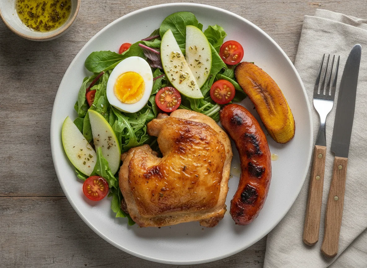 Pollo asado con ensalada y salchicha photo