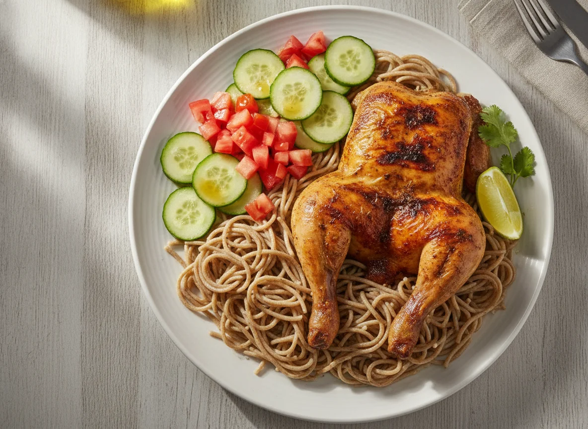 Pollo asado con fideos y ensalada photo