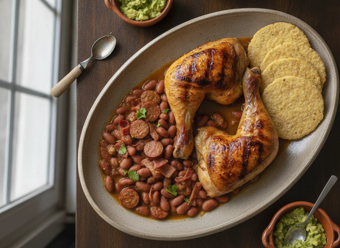 Pollo asado con frijoles charros y galletas de maíz photo