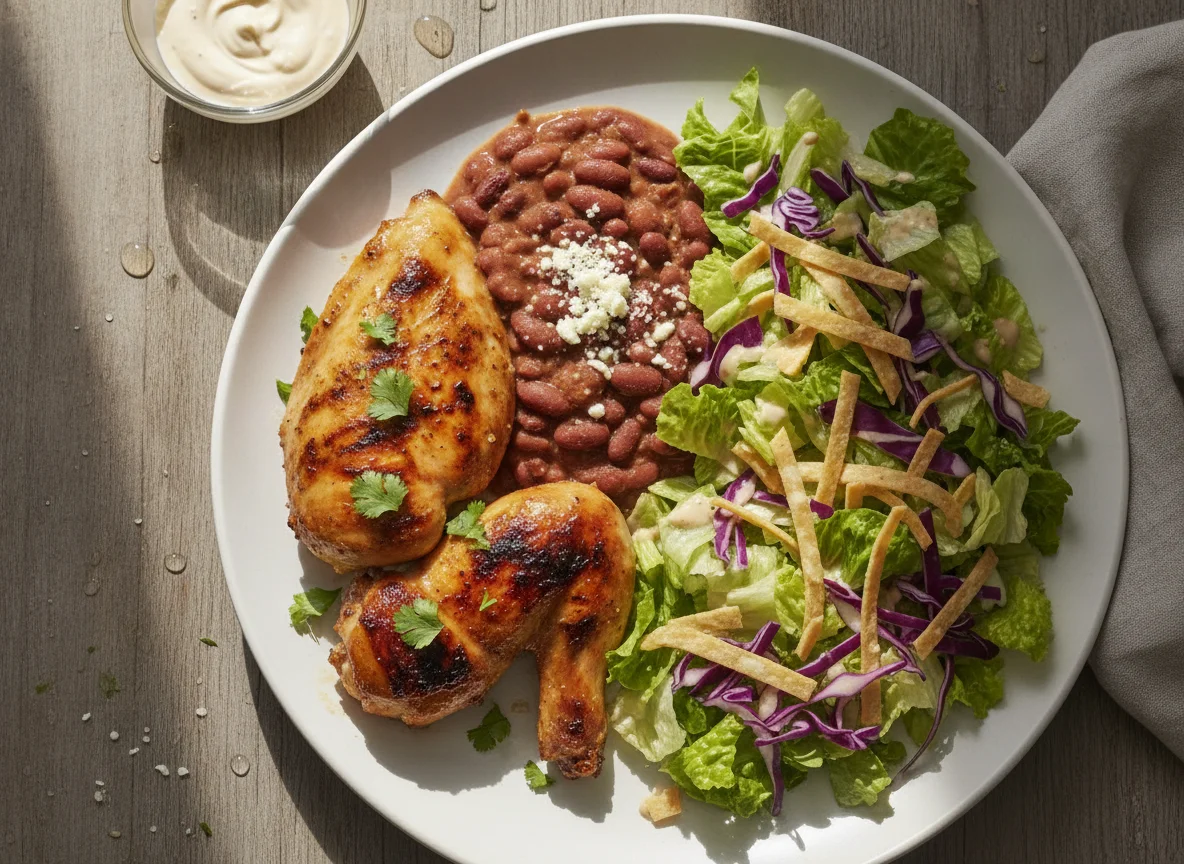Pollo asado con frijoles y ensalada photo