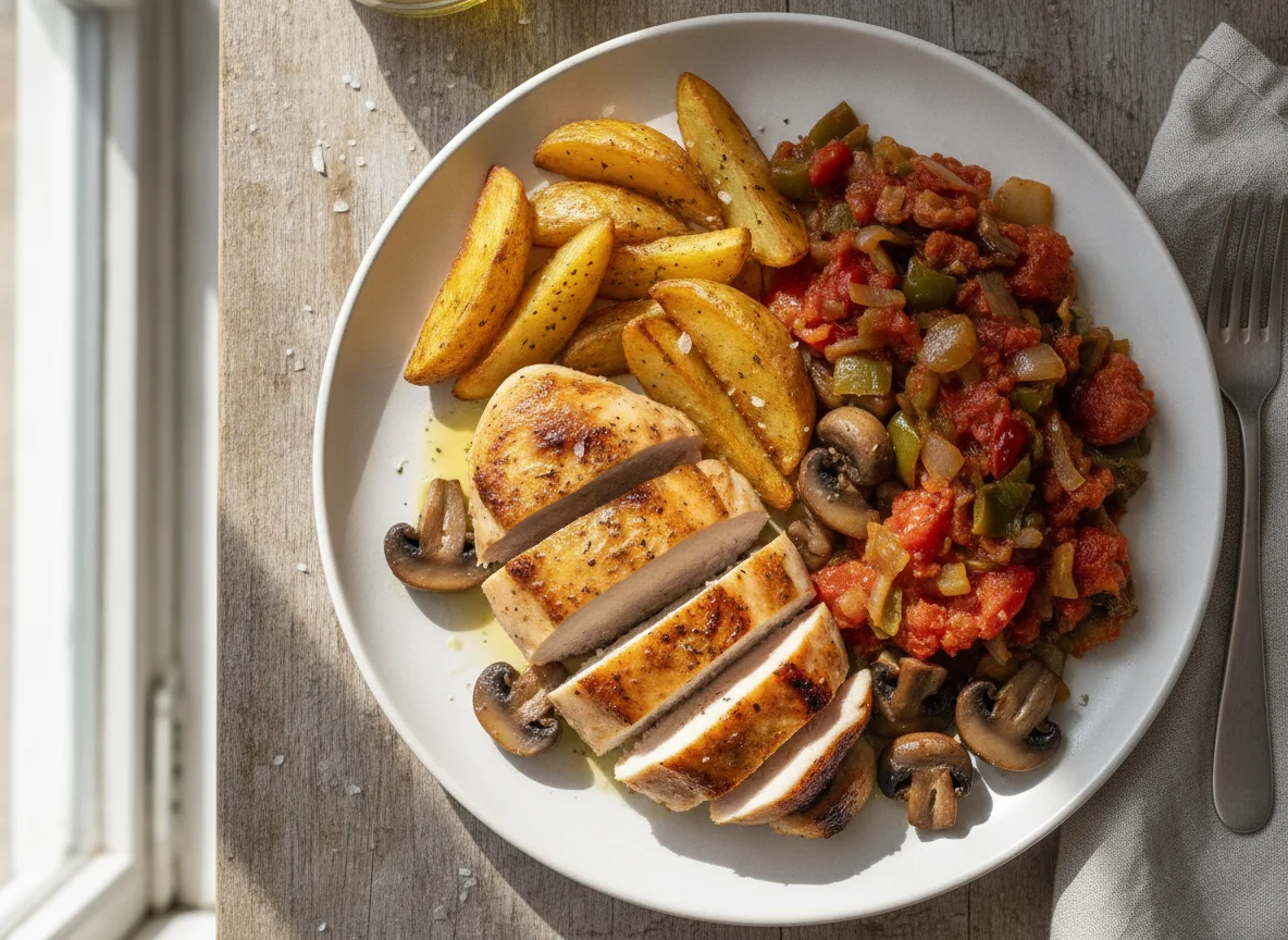 Pollo asado con guarnición de verduras y patatas photo