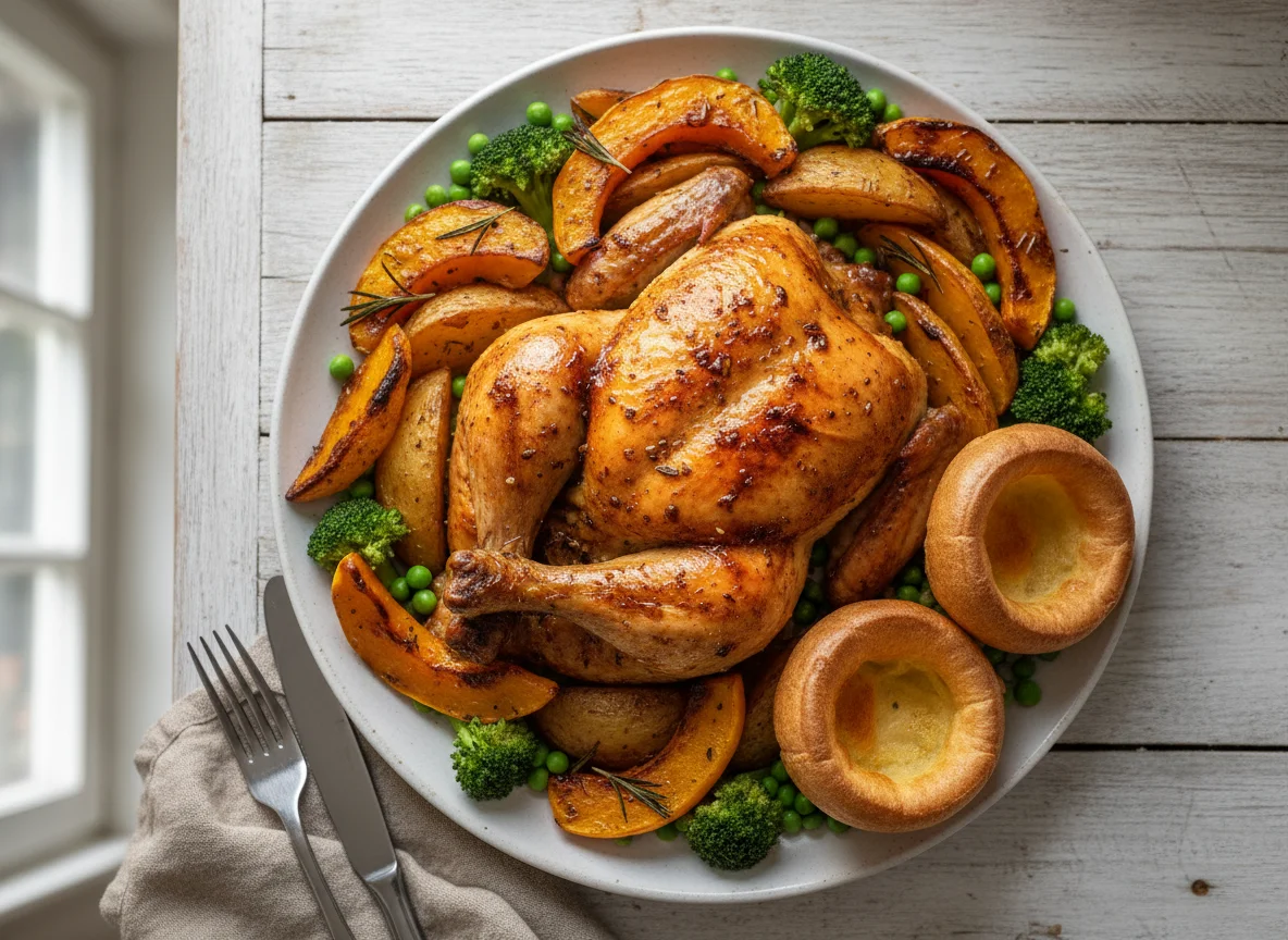Pollo asado con guarniciones photo