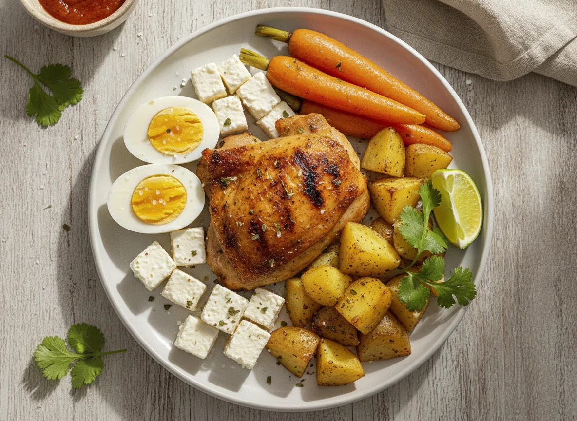 Pollo asado con huevos cocidos, queso y verduras photo