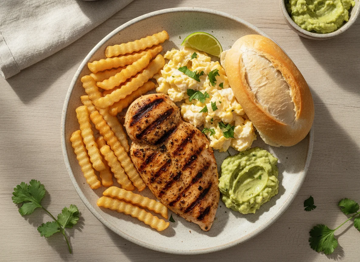 Pollo asado con huevos revueltos, papas fritas y pan photo