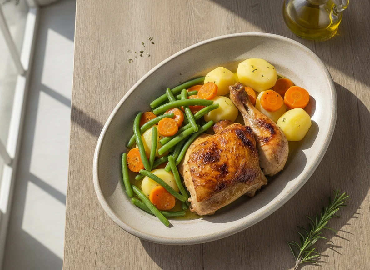 Pollo asado con judías verdes y patatas photo