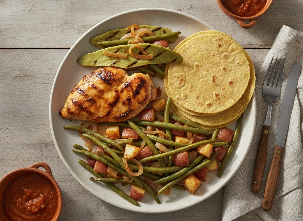 Pollo asado con nopales, ejotes y papas photo