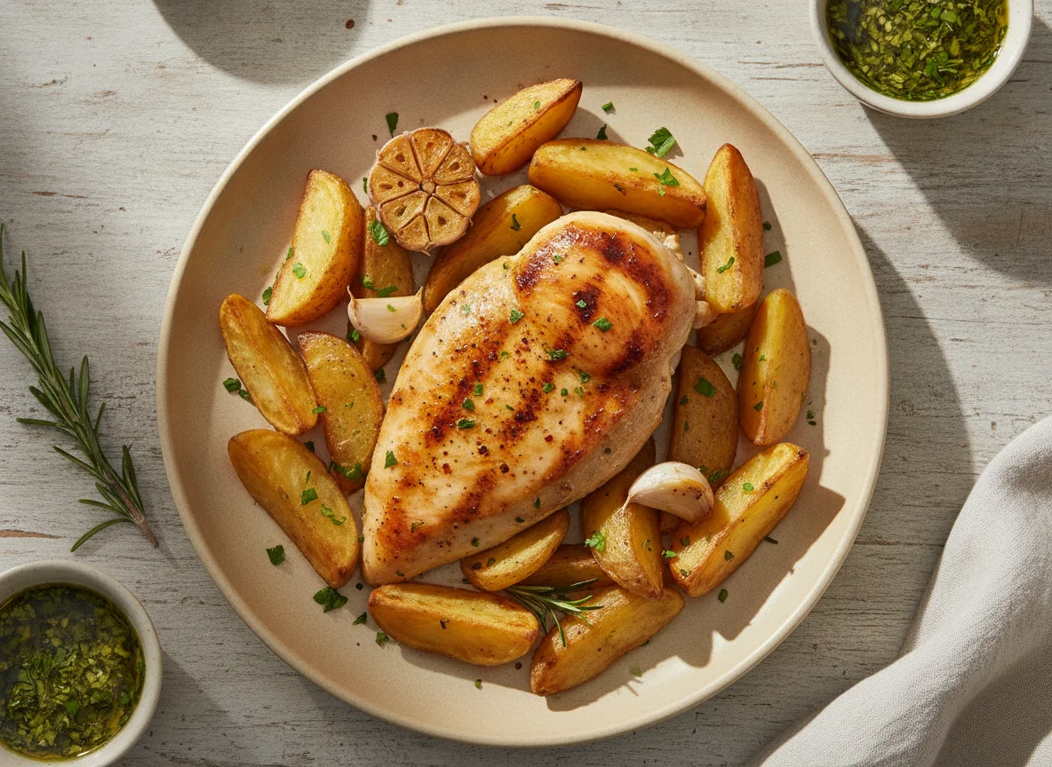 Pollo asado con papas al horno photo