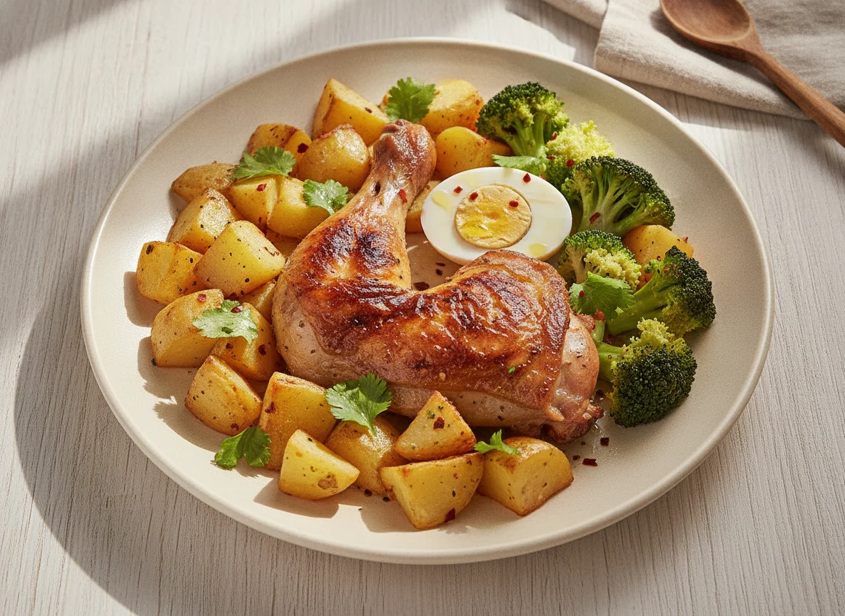 Pollo asado con papas, brócoli y huevo cocido photo