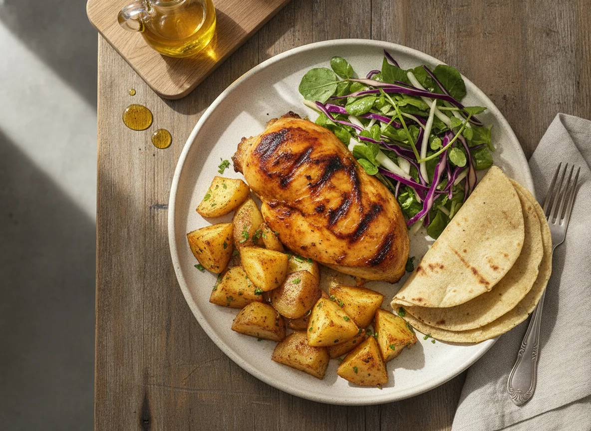 Pollo asado con papas, ensalada de berro y tortilla photo