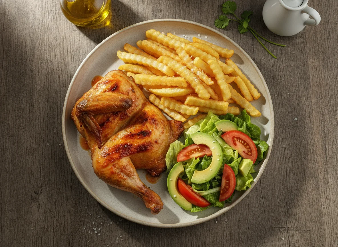 Pollo asado con papas fritas y ensalada mixta photo