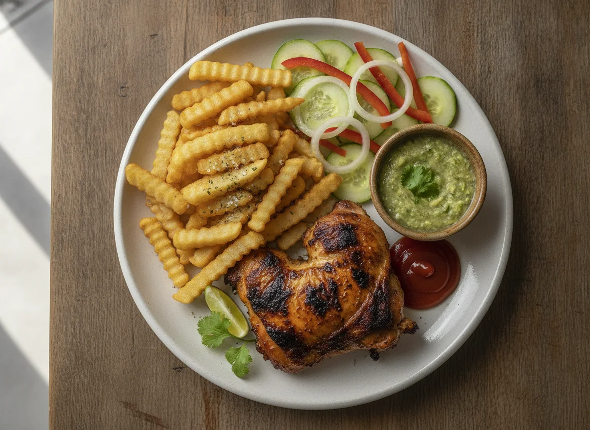 Pollo asado con papas fritas y ensalada photo