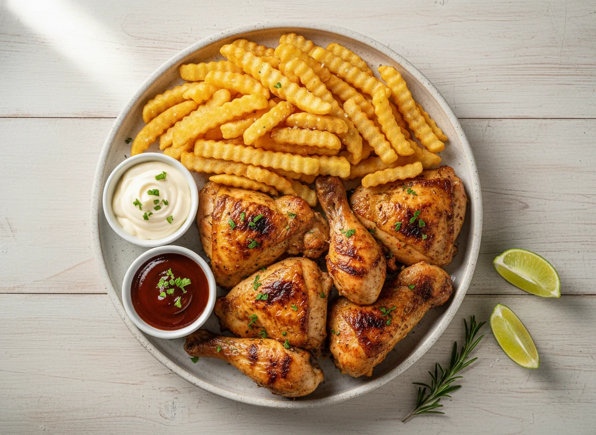 Pollo asado con papas fritas y salsas photo