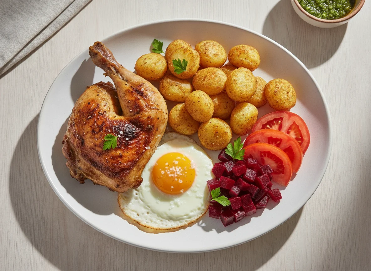 Pollo asado con papas noisette, huevo frito, tomate y remolacha photo