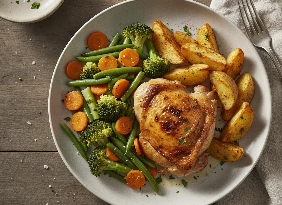 Pollo asado con papas rústicas y verduras salteadas photo
