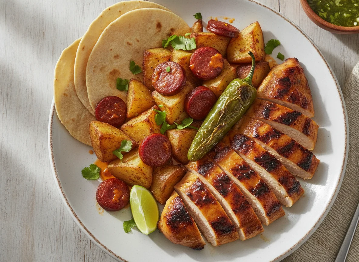 Pollo asado con papas y chorizo photo
