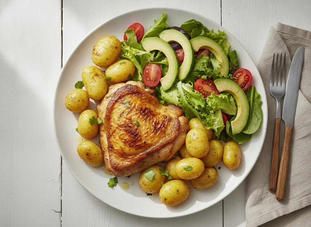 Pollo asado con papas y ensalada de aguacate photo