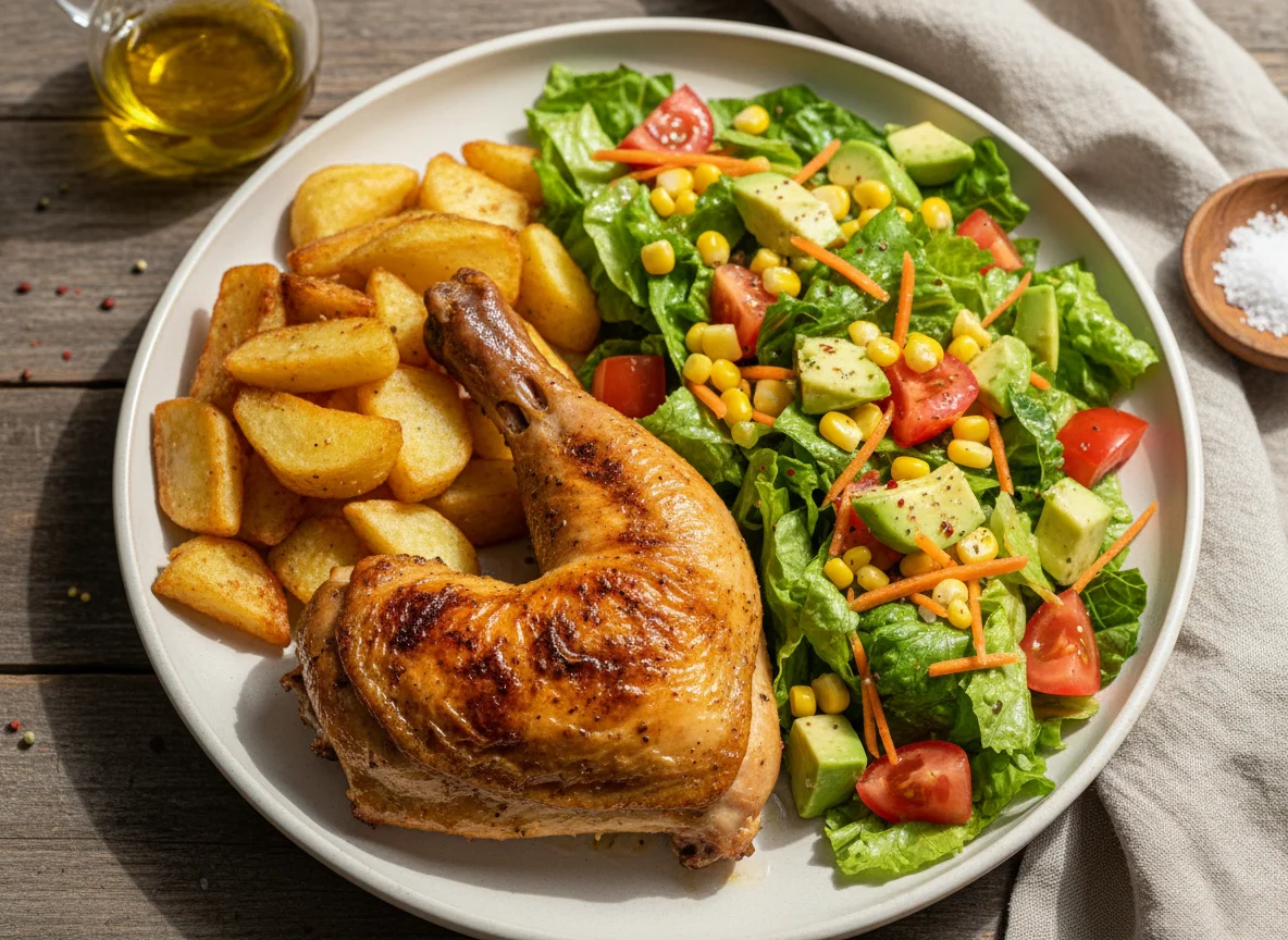 Pollo asado con papas y ensalada mixta photo