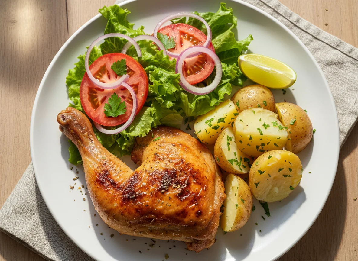 Pollo asado con papas y ensalada photo