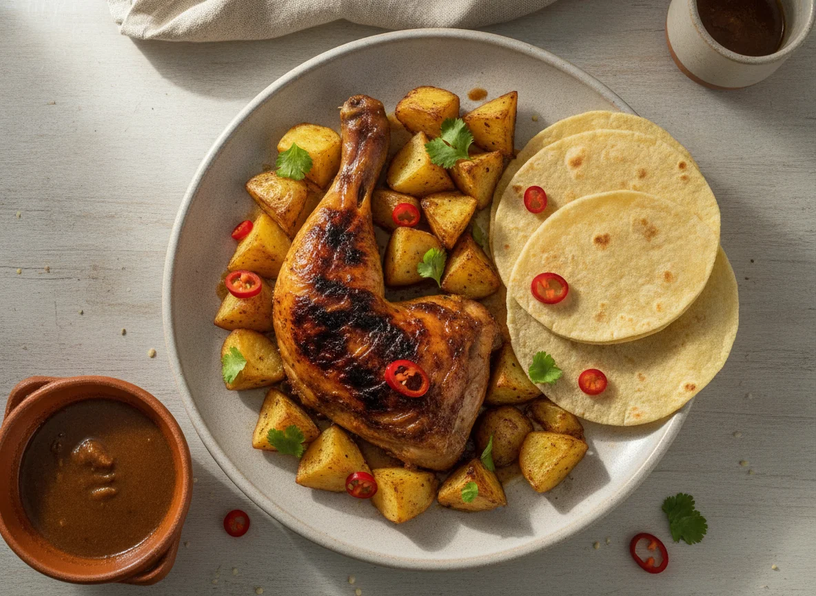 Pollo asado con papas y tortilla photo