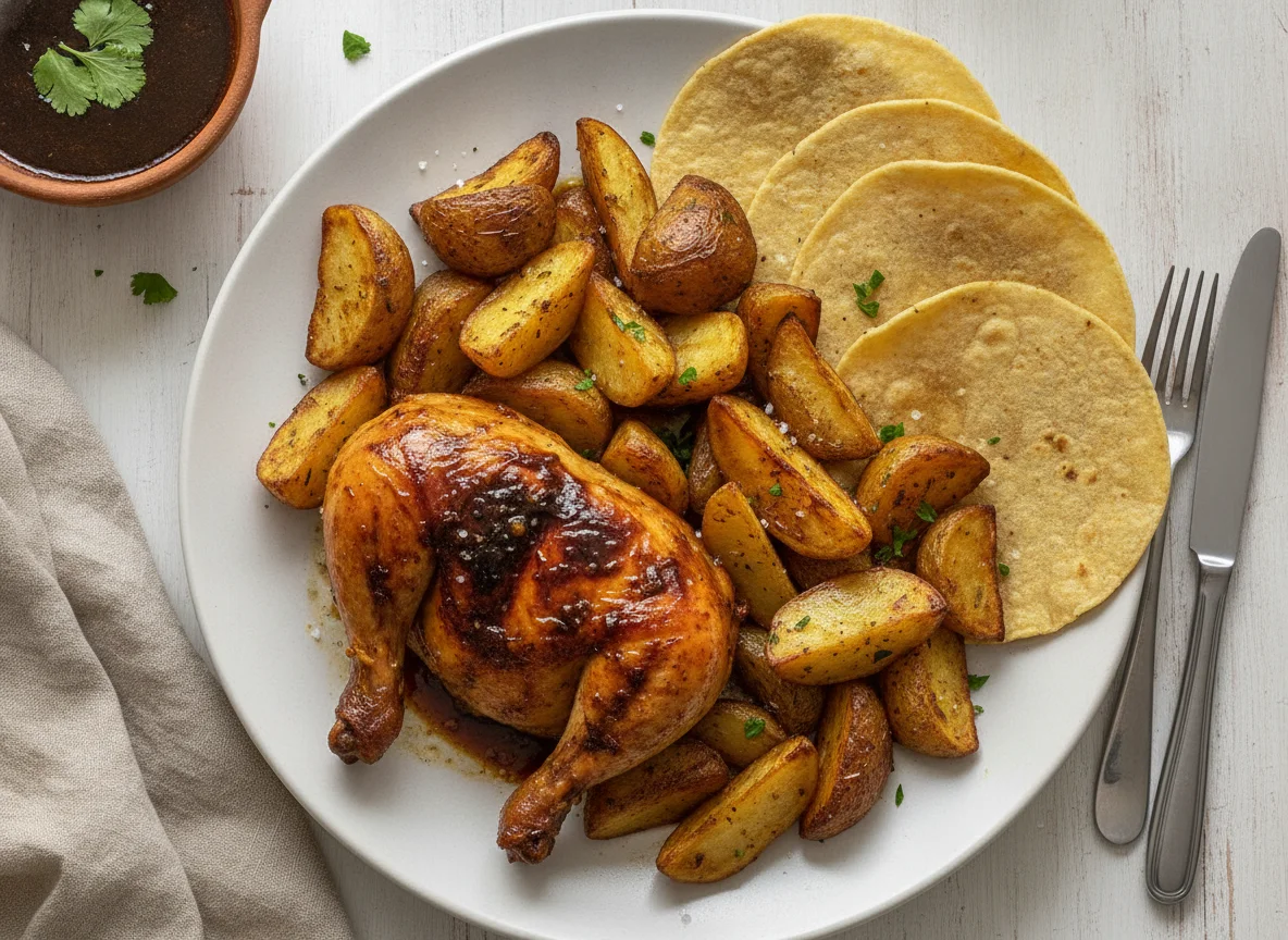 Pollo asado con papas y tortillas photo