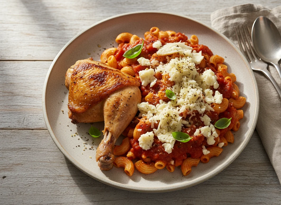 Pollo asado con pasta y queso photo