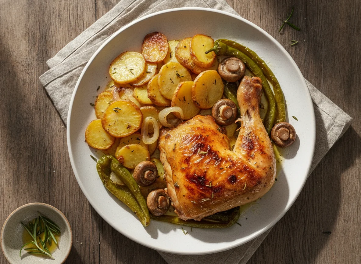 Pollo asado con patatas a lo pobre y verduras photo