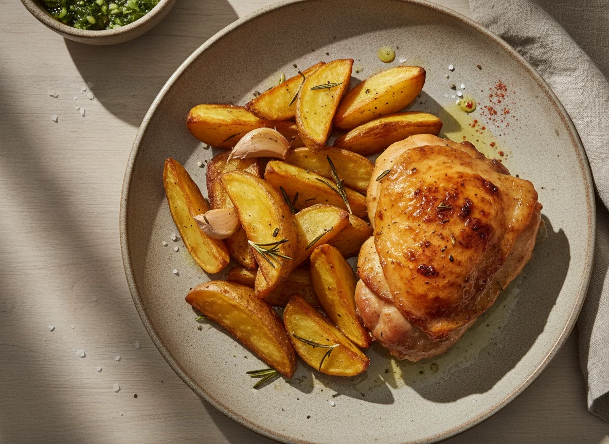 Pollo asado con patatas al horno photo