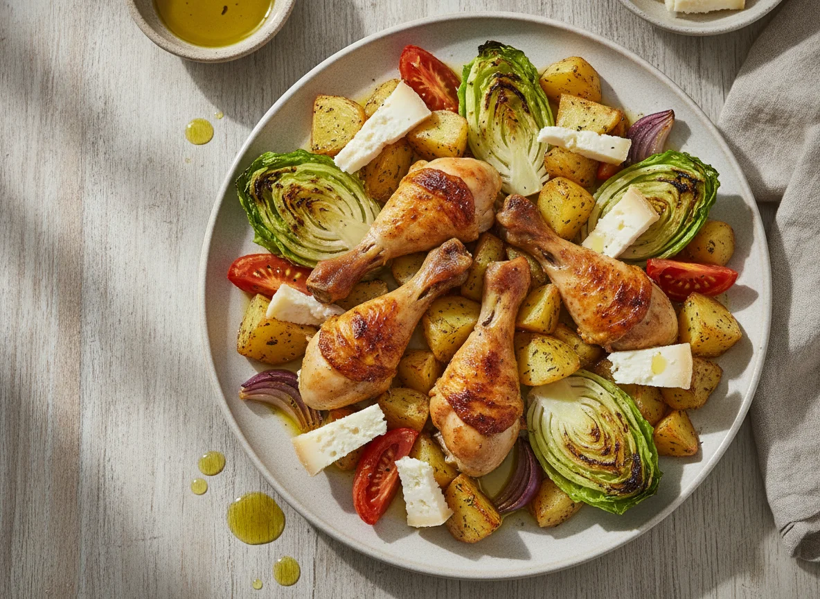 Pollo asado con patatas, cogollos y queso photo